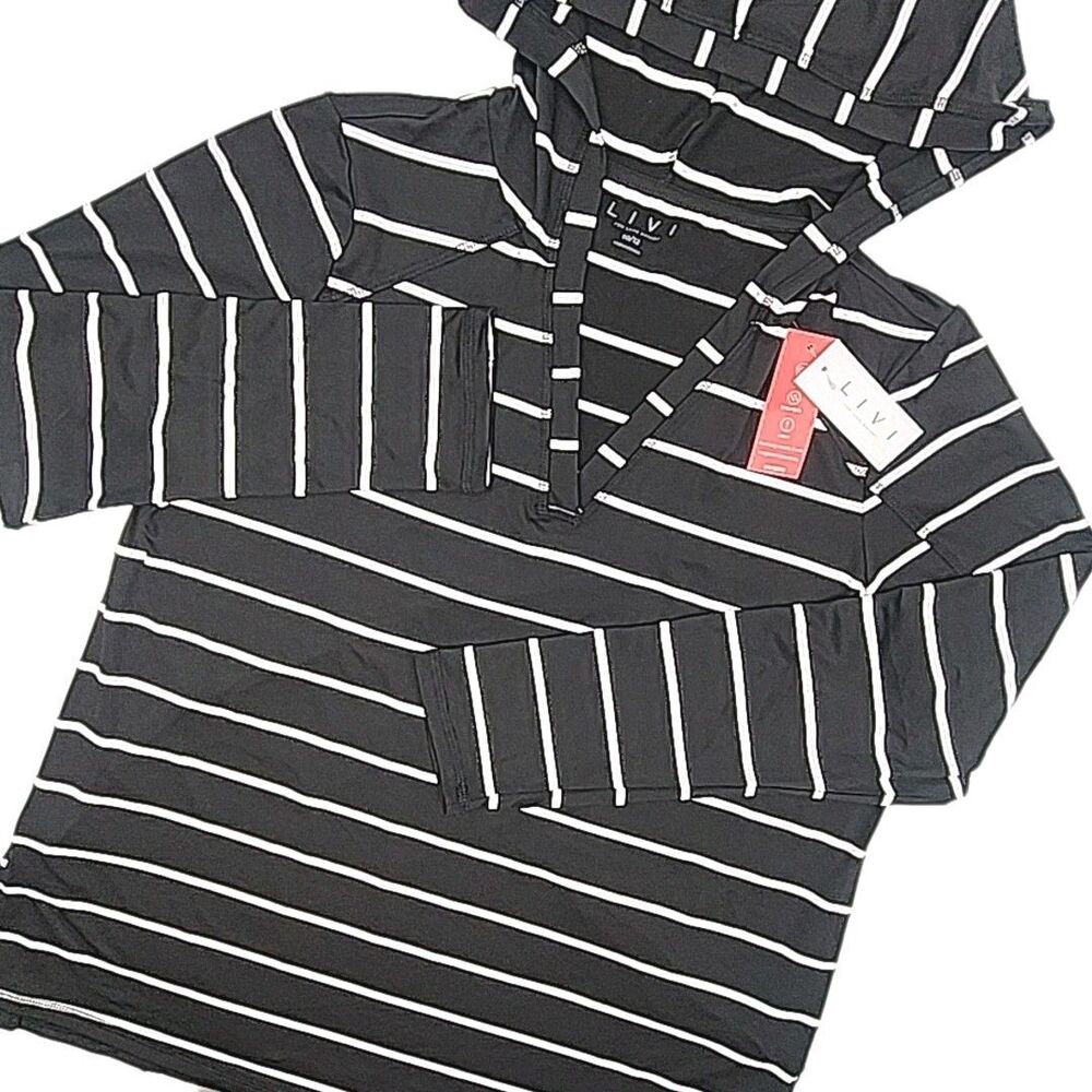 LIVI Active Hoodie Shirt Black White Stripe Women Sz Medium 10/12 Soft Stretch